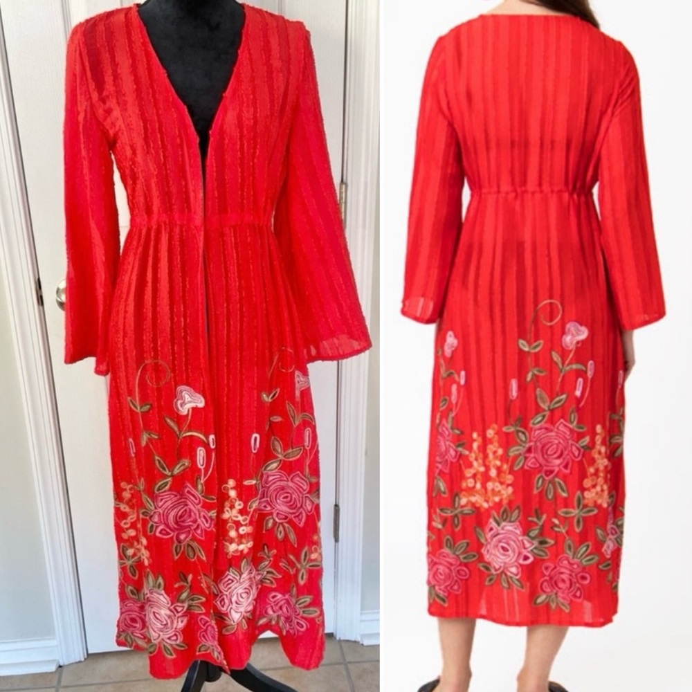 Pia Rossini Zella Kimono Swim Coverup Red Boho Embroidered Floral NWT Size Small